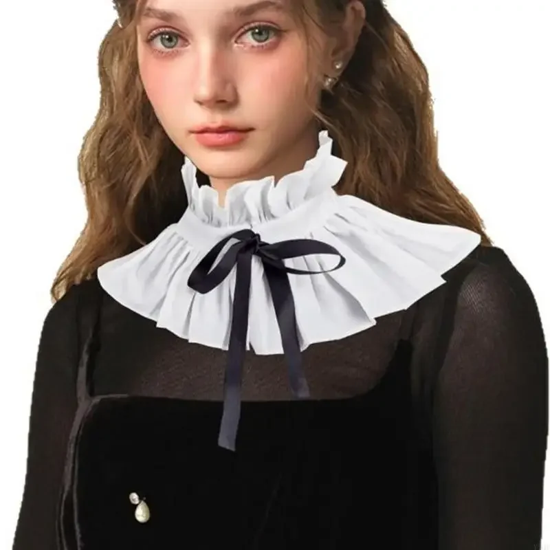 

Женский винтажный накладной воротник с рюшами-стойкой и ленточным галстуком в стиле Викторианского Возрождения со съемной шеей,