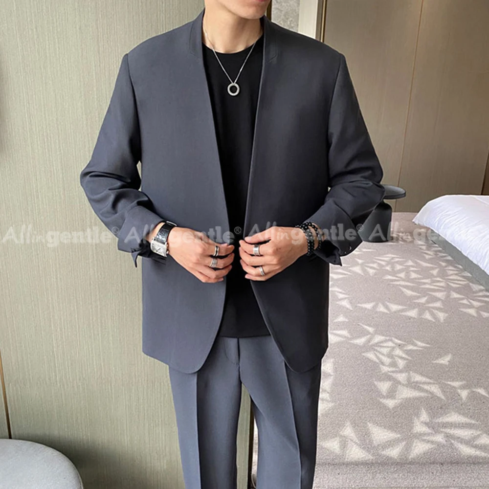 Mens Suits 2 Piece Set Classic Fit Solid Color No Collar Casual Daily Regular Fit 2 Piece Suit Men Single Button
