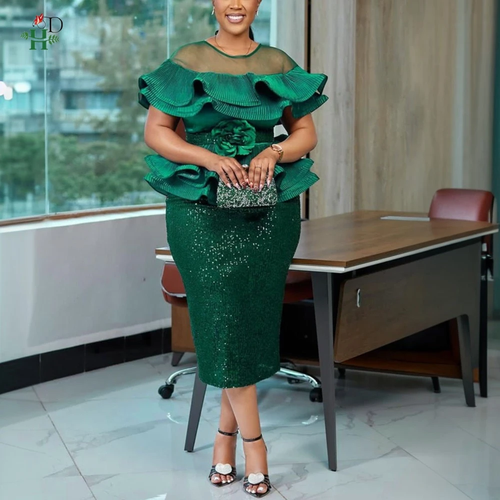 

New African Dresses For Women Plus Size Sheer Ruffled Off - Shoulder Top with Peplum Sparkling Sequin Pencil Wedding Party Dress
