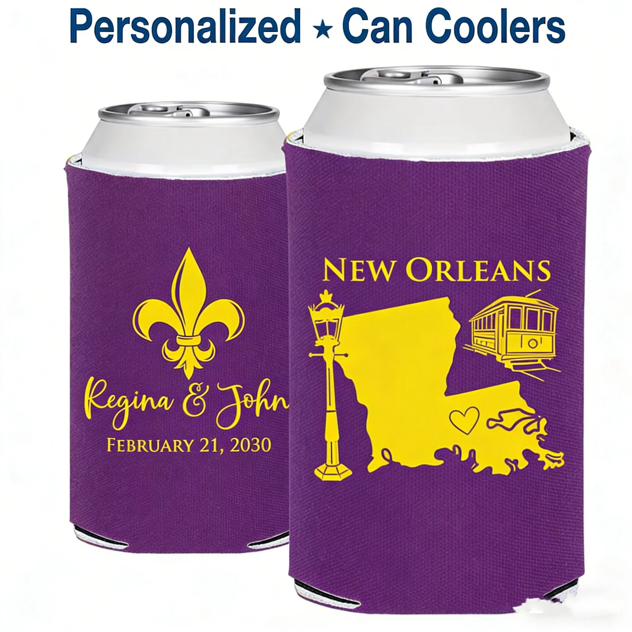 Enfriadores de latas para boda con diseño de flor de lis, recuerdos personalizados para fiestas de boda estilo Nola Cajun