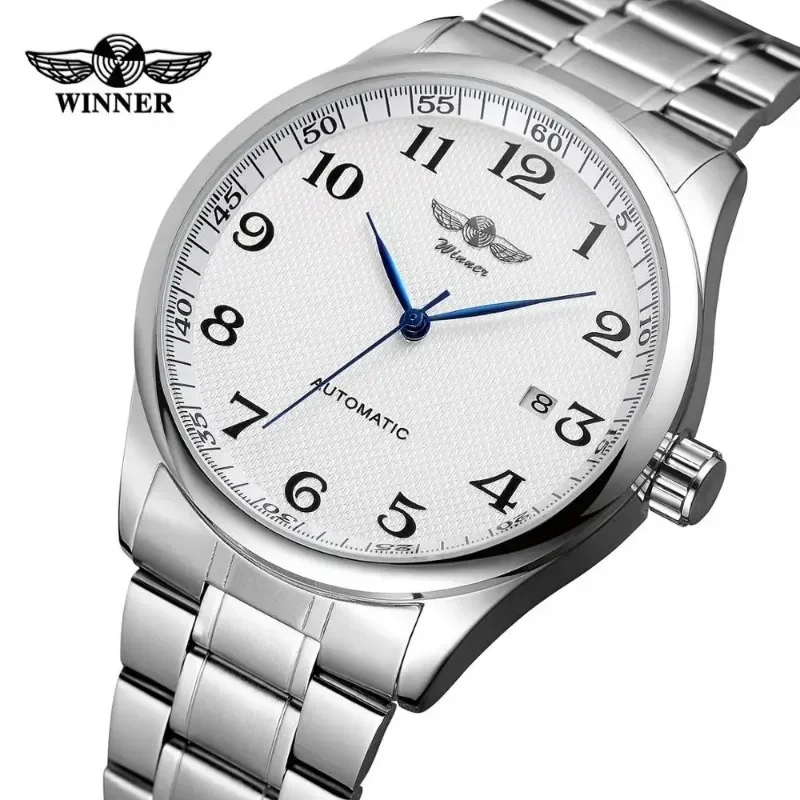 WINNER Watch Men Minimalist Business Watches Silver Stainless Steel White Dial Auto Date Automatic Mechanical Wristwatches Men