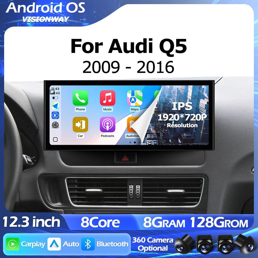 Carplay 1920*720P Android 15 12.3 inch For Audi Q5 2009 2010-2016 Lntelligent Multimedia Touch Screen GPS WIFI 4G Bluetooth