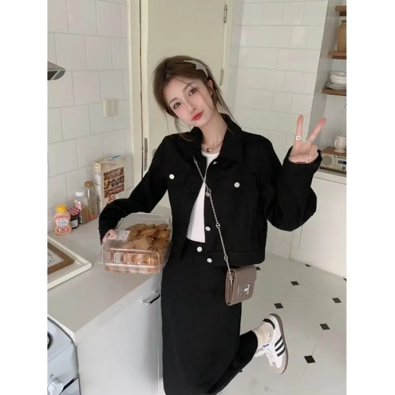 Spring Autumn Korean Version Workwear Outfits Women's Style Fashion Casual Coat High Waist A-line Half Skirt Two Piece Set