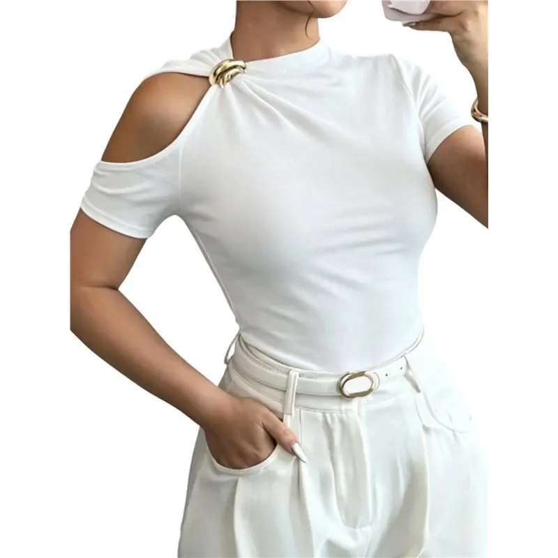 

NEW-Women's Sleeveless Asymmetric Neck Tank Tops Elegant Metal Decor Ribbed Fitted Slim Cute Vest