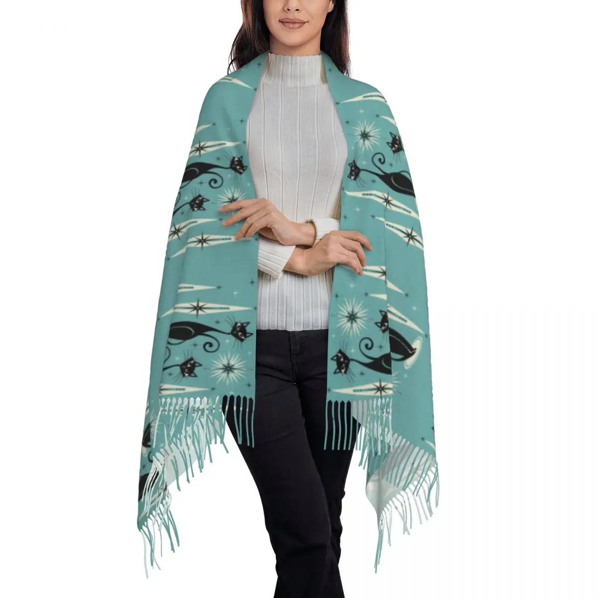 Stylish Mid Century Meow Black Cats Tassel Scarf Women Winter Warm Shawls Wraps Female Abstract Geometric Scarves
