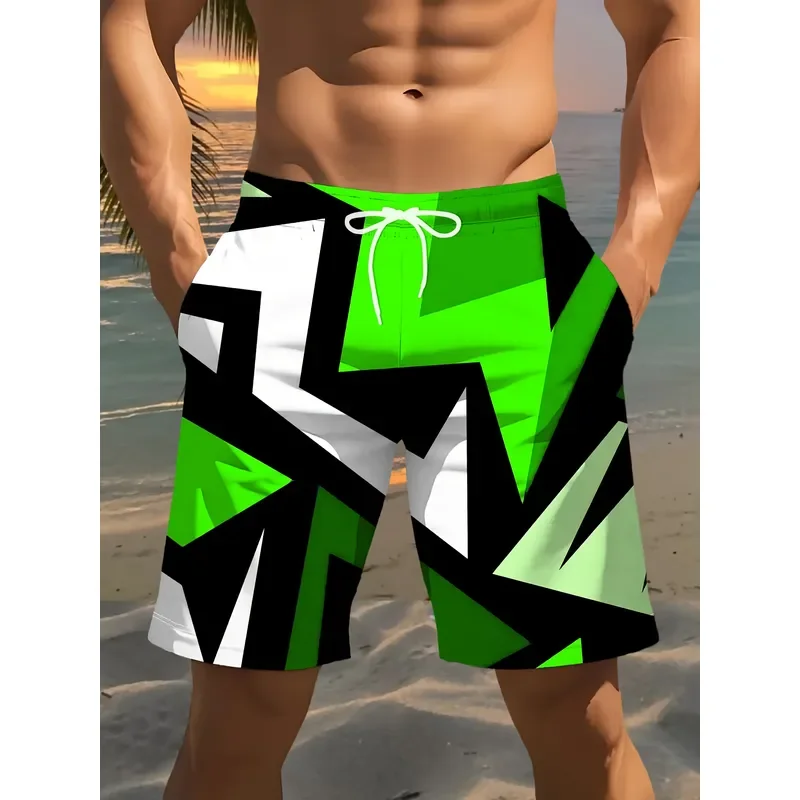Men's 3D Geometric Print Beach Shorts Casual Polyester Drawstring Waist Lightweight Summer Swim Trunks for Golf Fishing