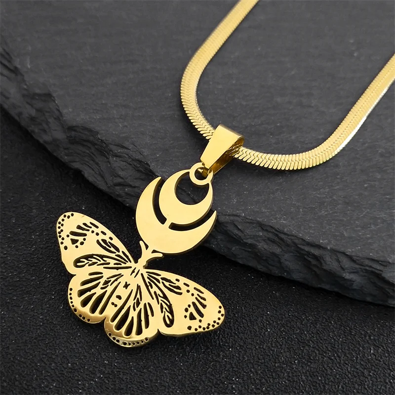 Witch Crescent Moon Butterfly Necklace Wicca Insect Hollow Stainless Steel Gold Color Pendant Snake Blade Chain Jewelry N8553S04