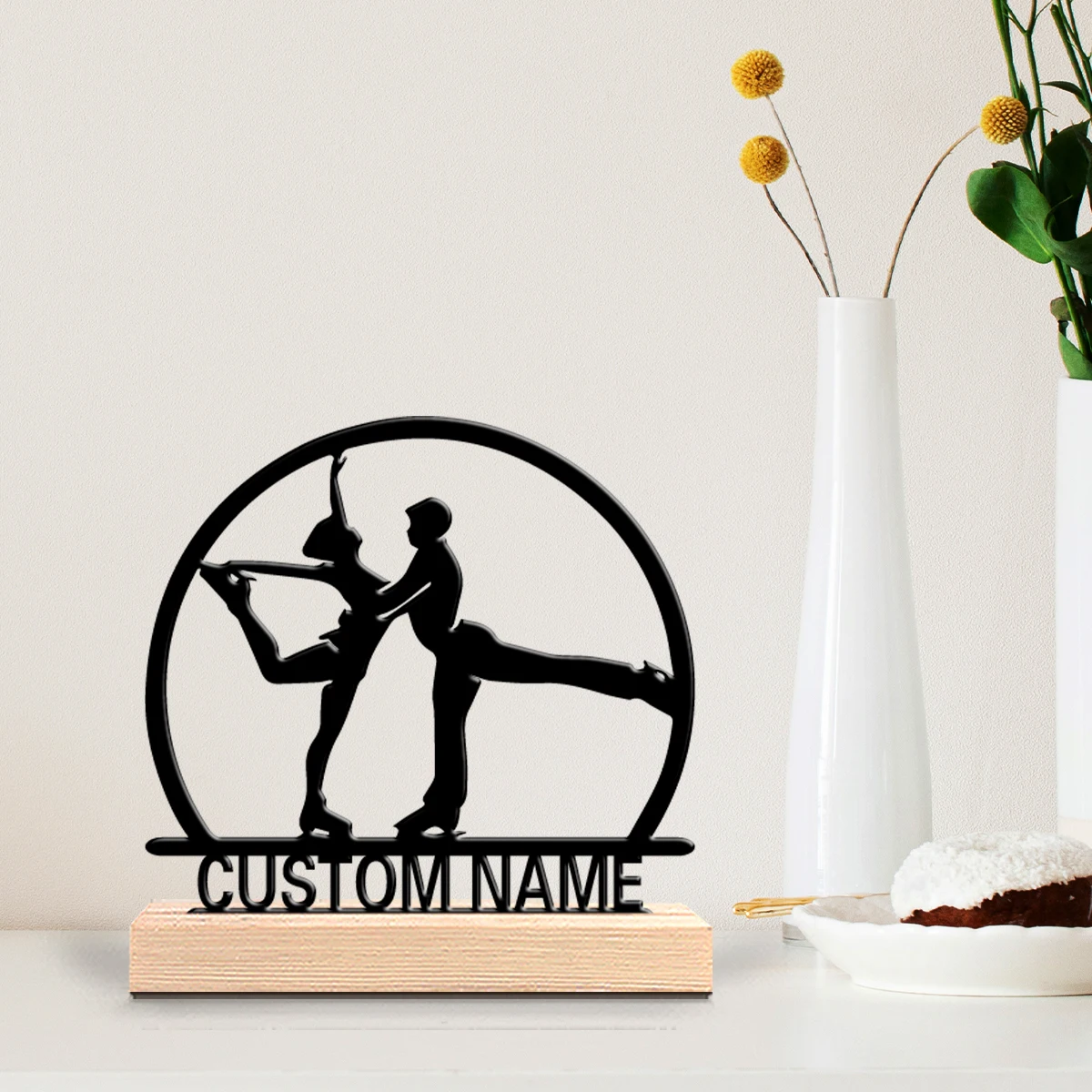 1pc Fun Personalized Custom ice skating Modern Wooden Base Decor for Office Living Room Nature-Inspired Gift decoration