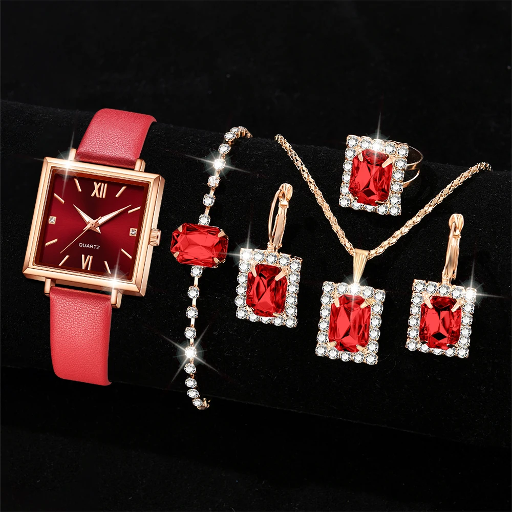 Luxury Red Six Piece Set Square Head Quartz Watch Red Square Diamond Jewelry Set Women\'s Watch Accessory Set