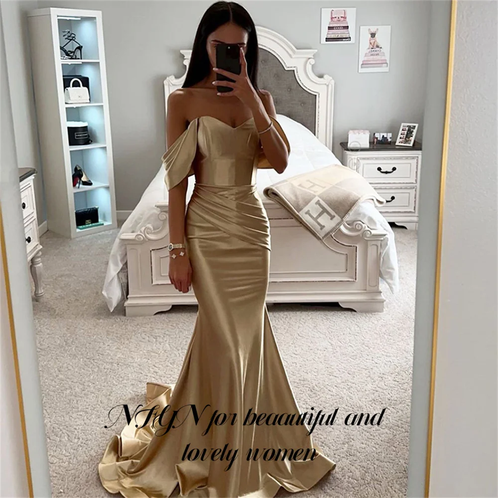 

NFYN Champagne Mermaid Prom Dress Off Shouler Satin Evening Dress Formal Saudi Arabia Cocktail Party Gown Plus Size Customized