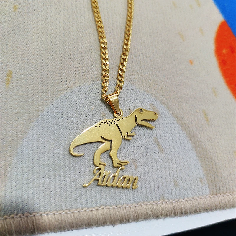 Custom Child Name Dinosaur Necklace Boy Girl Jewelry Stainless Steel Cuban Chain Any Cartoon Character Nameplate Necklace Women