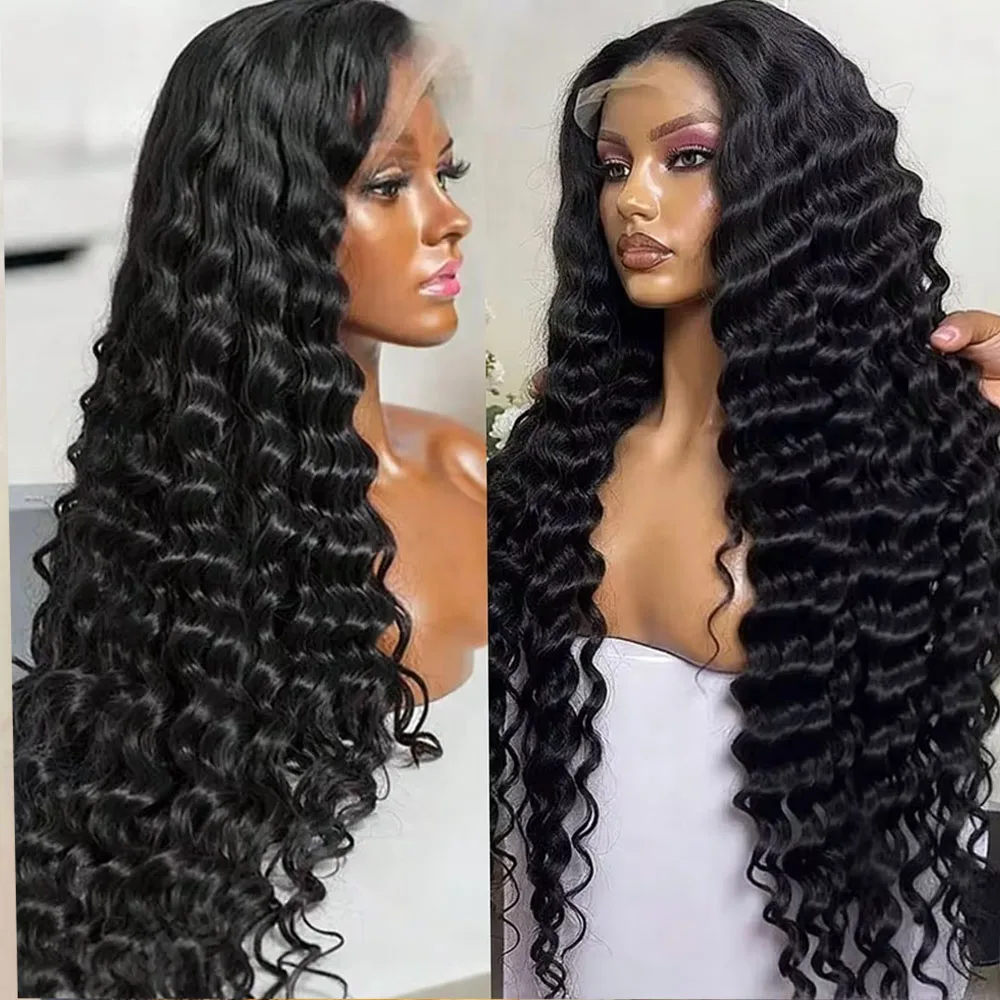 200% Deep Wave 32 34 Inches 13X4 HD Transparent Lace Frontal Human Hair Wigs 5X5 Glueless Wig Brazilian Pre Plucked With Baby Hair Deep Curly Lace Front Human Hair Wigs For Women Natural Black Color