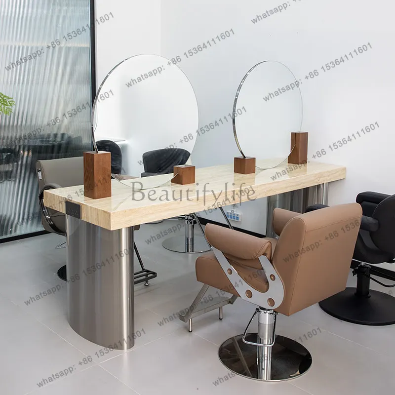 New barber shop mirror table hair salon special double-sided four-sided marble with cabinet hair cutting perm and dyeing table