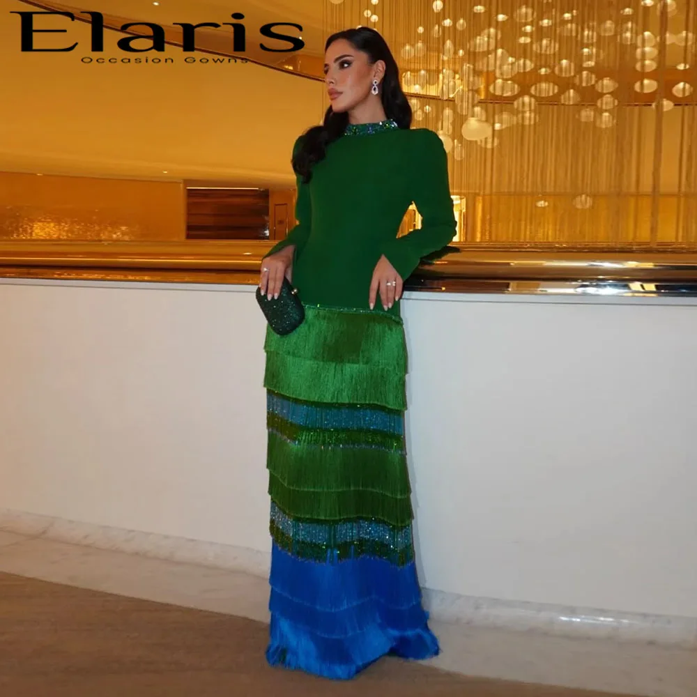 Elaris Customized Sheath Evening Maxi Gown Long Sleeve Gradient Layered Tassel Fringe Formal  Occasion Prom Wedding Guest Dress