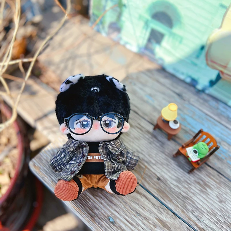 

Handmade 5pc 20/15cm Plush Doll's Clothes Cool Suit Black Sweater Grid Coat Shorts Glasses Shoes Dolls Accessories Outfit