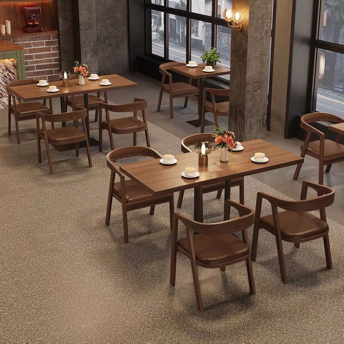 Solid wood rattan commercial western restaurant tables and chairs milk tea shop cafe bar lounge area negotiation table and chair