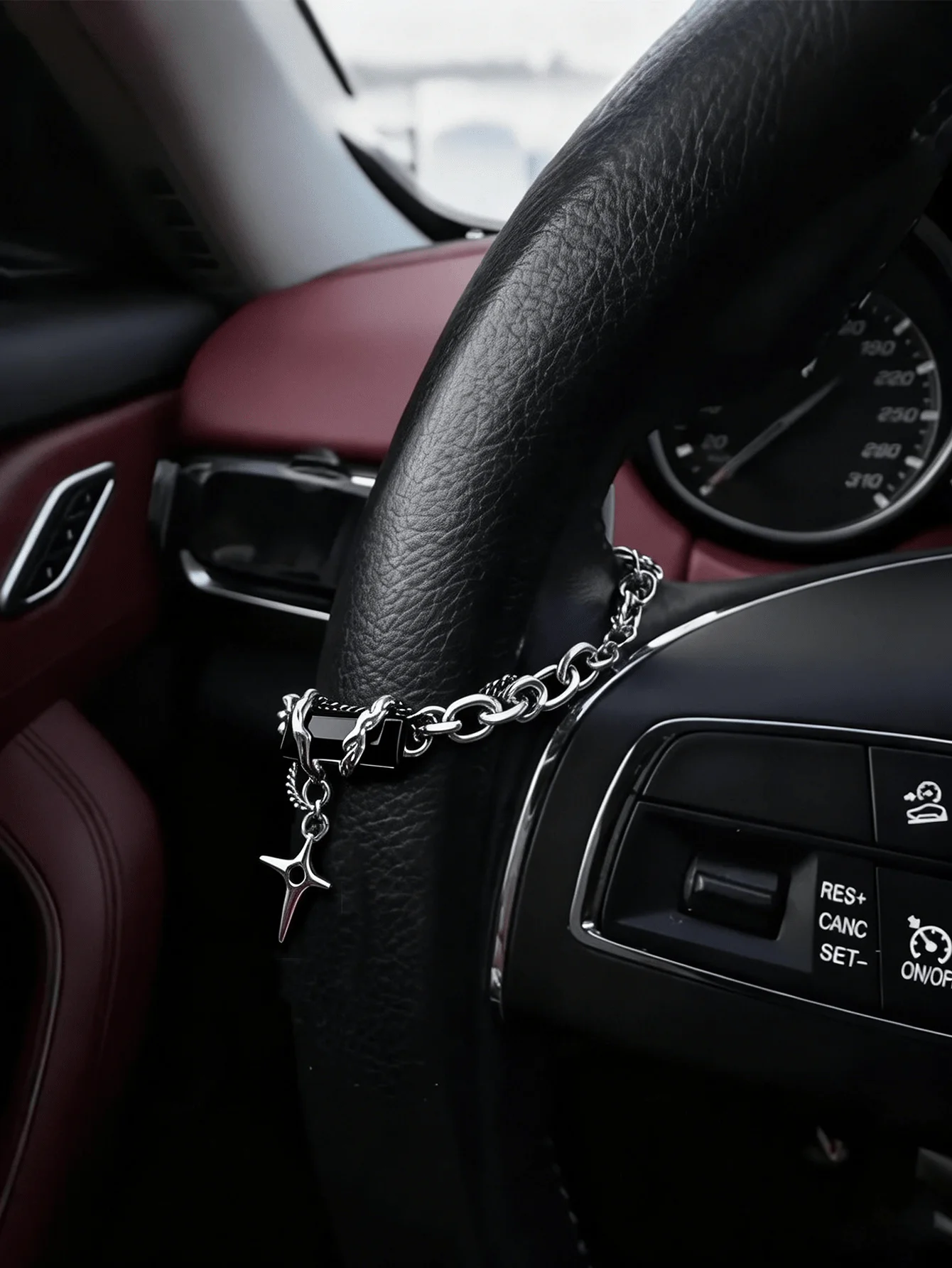 Silver & Black Diamond Cross Steering Wheel Chain, Christian Car Decor, Religious Car Accessories, Faith Car Pendant.