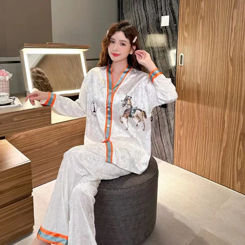 Plus Size Winter Spring Pajamas Women Korean Soft Comfort Gold Velvet Long-Sleeved Trousers Suit V-Neck High-Grade Home Clothes