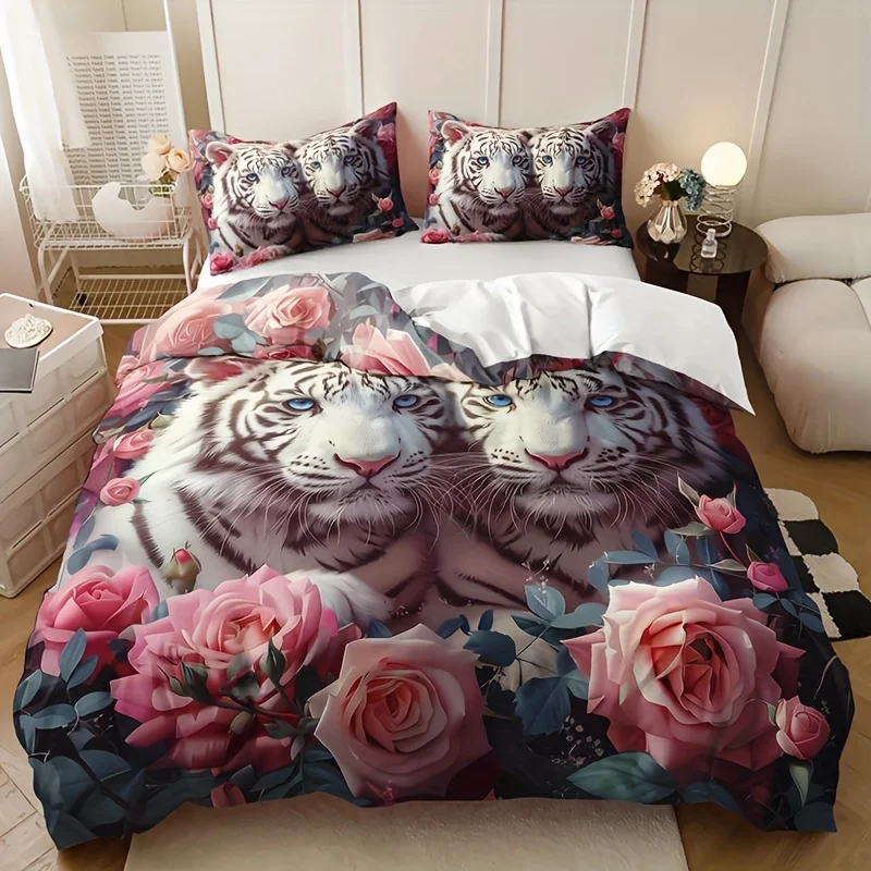 

Couple Pink Tiger Rose Quilt Cover Set 1 Quilt Cover+2 Pillowcases Home Four Seasons Dormitory High-Definition Printing