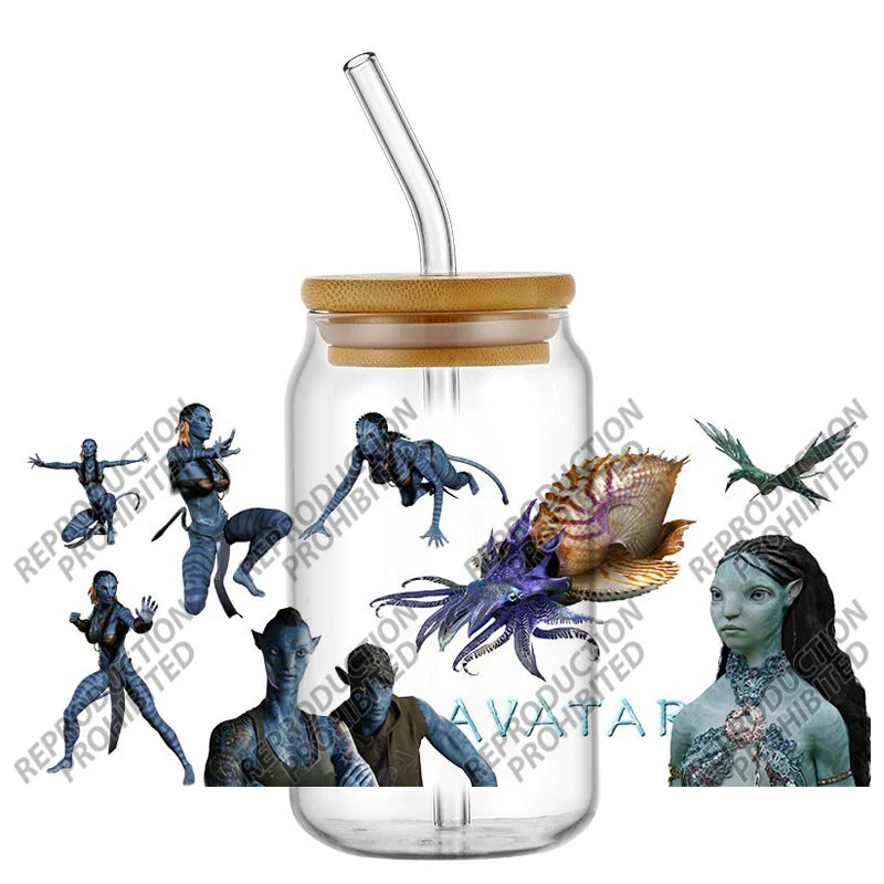 Movie Blue alien Pattern UV DTF Transfer Sticker For 16oz Libbey Glass Sticker Cup Wrap Decal DIY Selfadhesive Waterproof