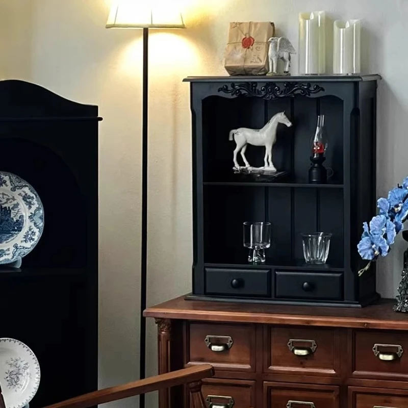 

Retro display cabinet French engraved black living room desktop household small toy display cabinet