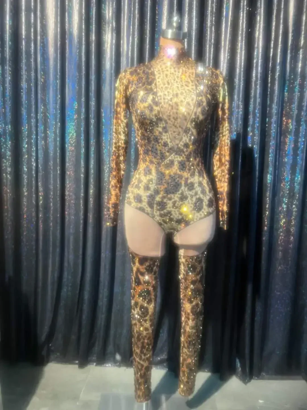 Monos de leopardo para mujer, disfraz de bailarina Gogo, espectáculo de Vegas, traje de Drag Queen, ropa de escenario de cantante Sexy de LICRA elástica