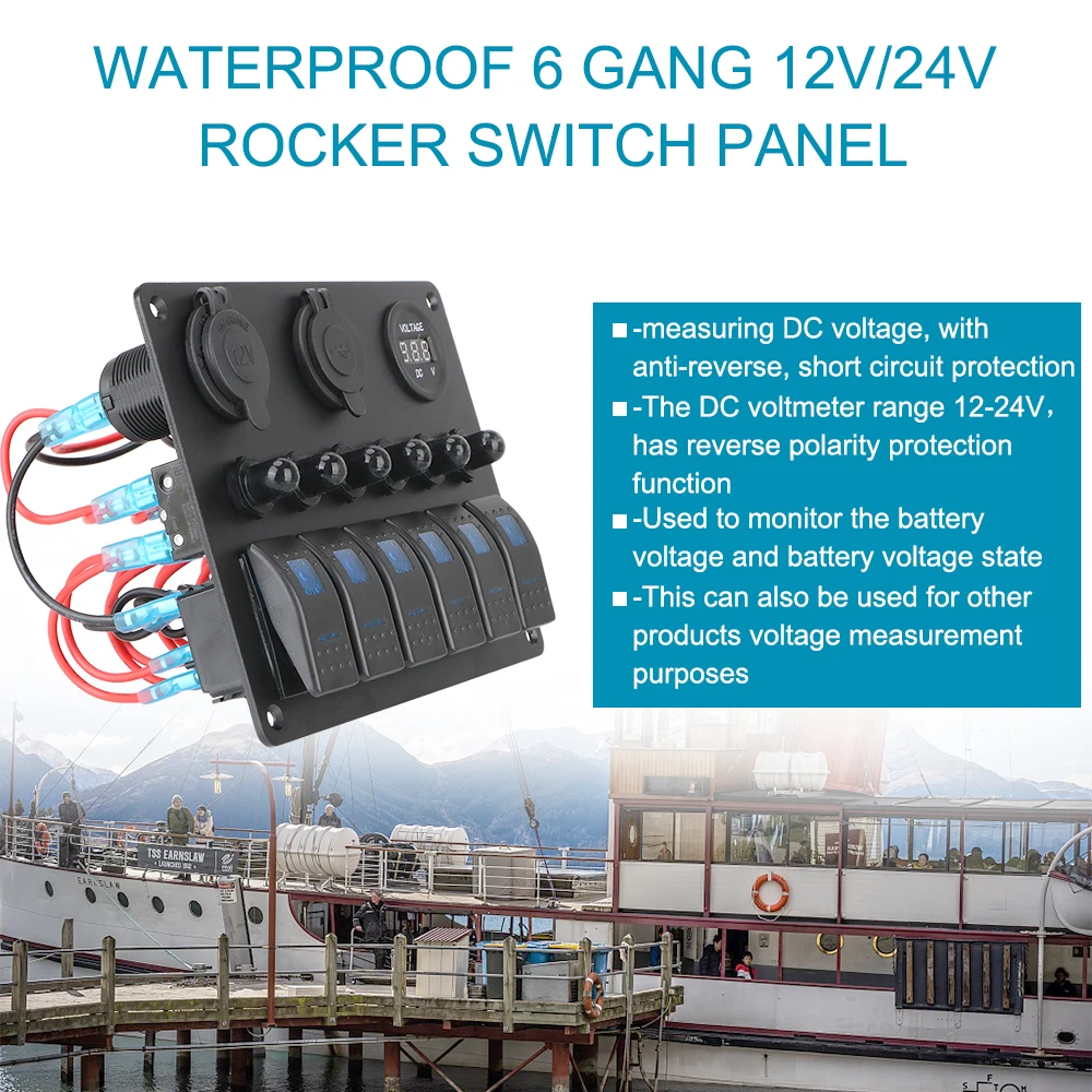 6 Gang Rocker Switch Panel Digital Voltmeter Car Marine Boat Circuit LED Breaker Aluminum Panel DC 12V/24V Dual USB Ports