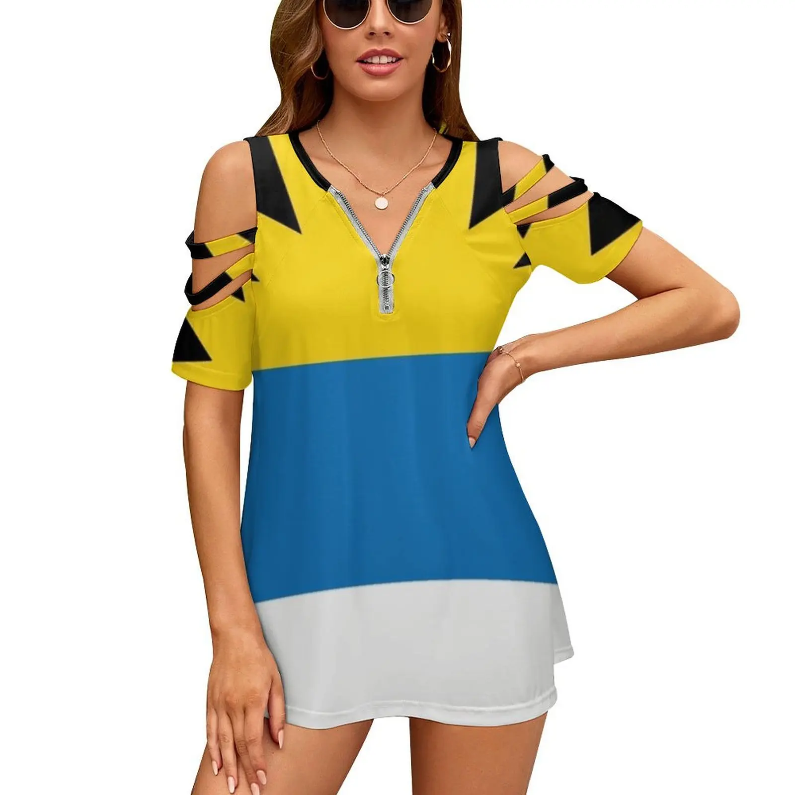 

Antigua And Barbuda National Flag Women's T-Shirt New Fashion Printed Zipper V-Neck Short Sleeve T Shirts Casual Plus Size