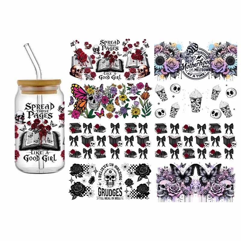 3D UV DTF Transfers Stickers 16oz Cup Wraps Skull Books Personality Printed For DIY Glass Flowers Bow Design Decals