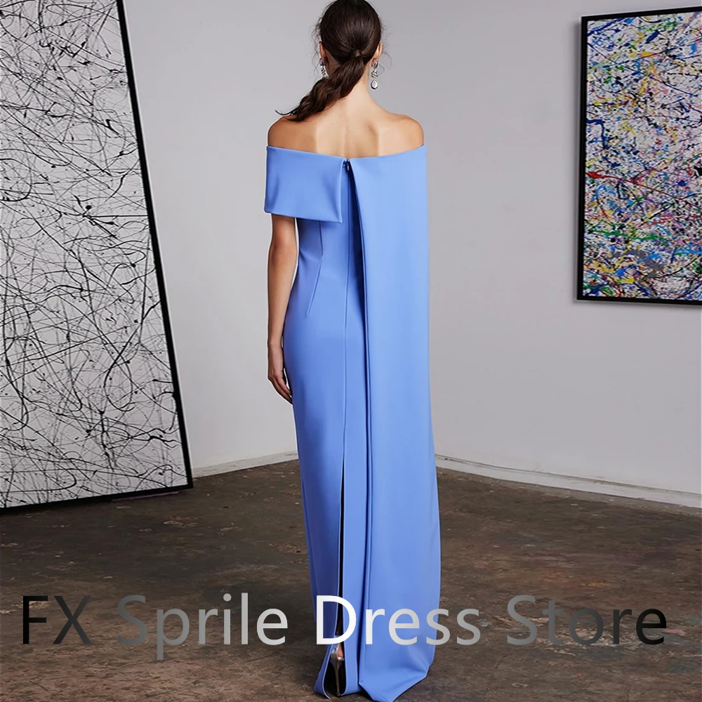 Simple Blue Zipper Back Evening Dress Classic Pleat Straight Floor Length Boat Neck Off the Shoulder Jersey Sleeveless Back Slit
