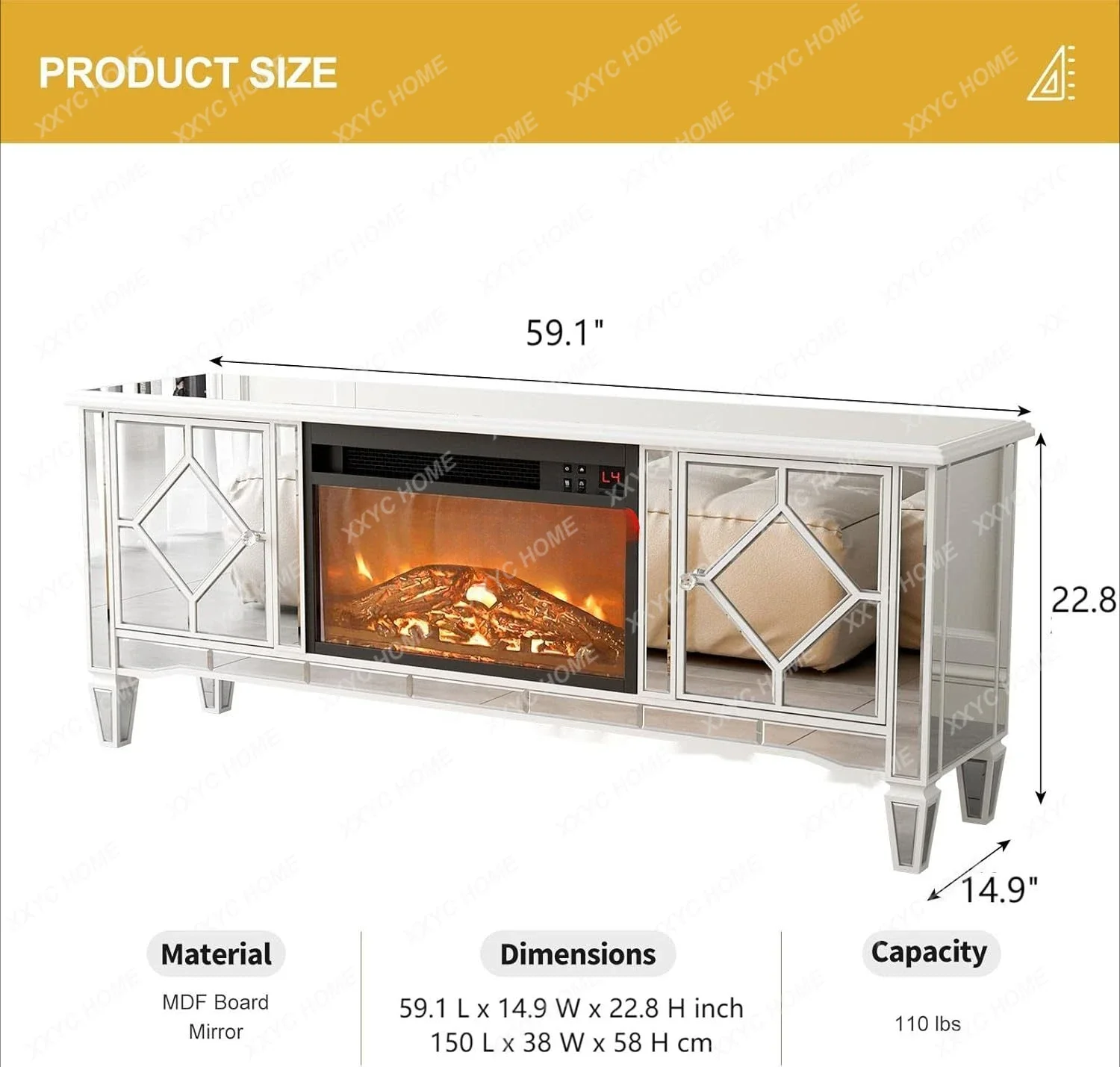 Mirrored TV Stand with Fireplace for TV Silver Electric Entertainment Center with 7 Colors Changing 3D Realistic Flame Effect