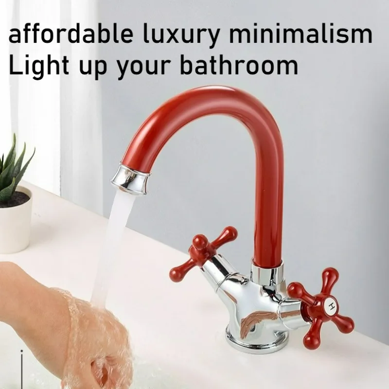 

Creative Red Flower Bathroom Faucet 2-Handle Basin Mixer Tap for Sink Dual Control Hot Cold Water Vanity Faucet for Home