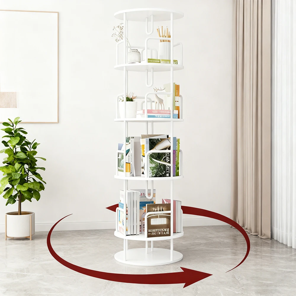 

5-Tier Rotating Bookshelf, Freestanding Corner Bookshelf,360° Spinning Bookcase,Industrial Style Storage Rack with Rails