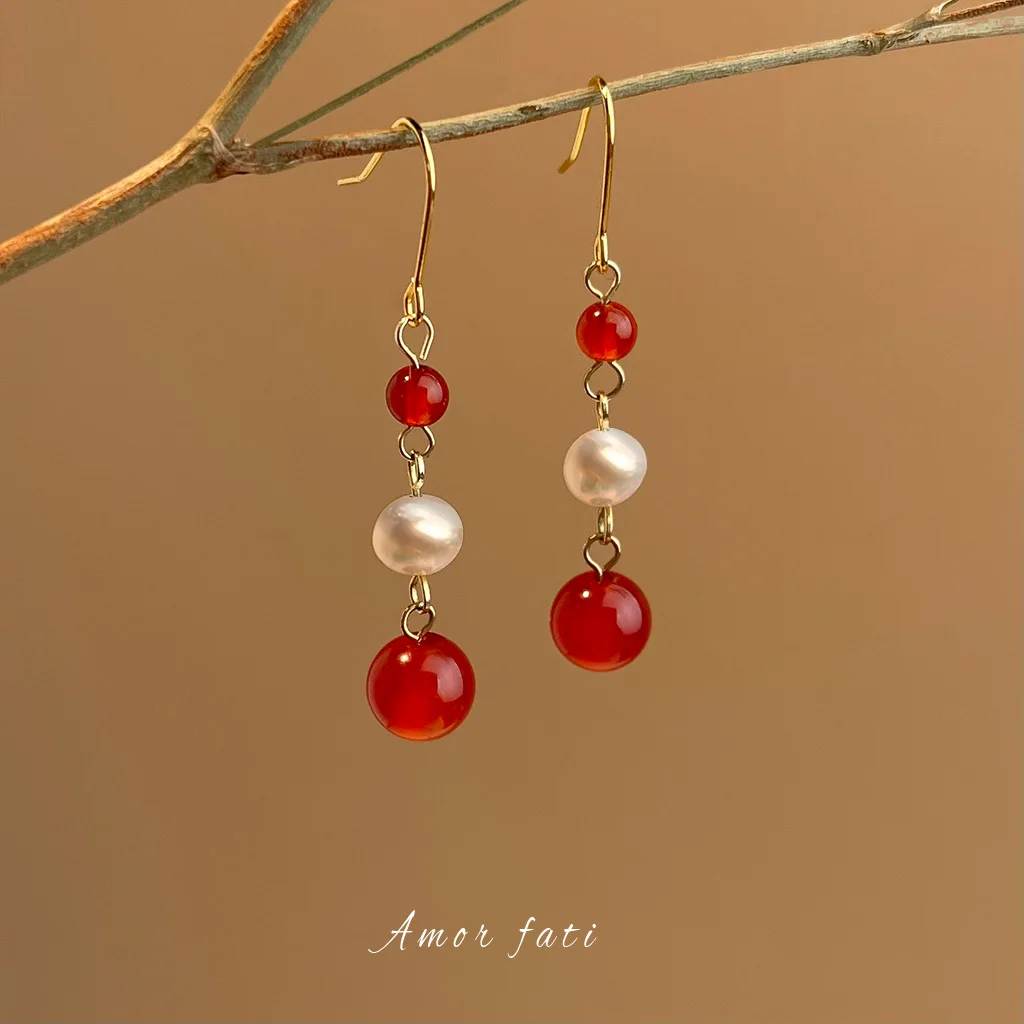 

6-7mm Baroque Freshwater Pearl Earrings for Women Red Agate Retro Style Drop Earrings Jewelry Gift 2026 New Arrivals