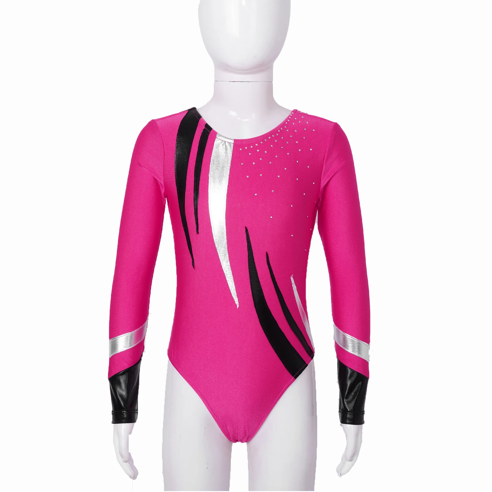 Kids Girls Gymnastics Ballet Dance Leotards Long Sleeve Shiny Rhinestone Decor Patchwork Bodysuit for Sport Workout Performance