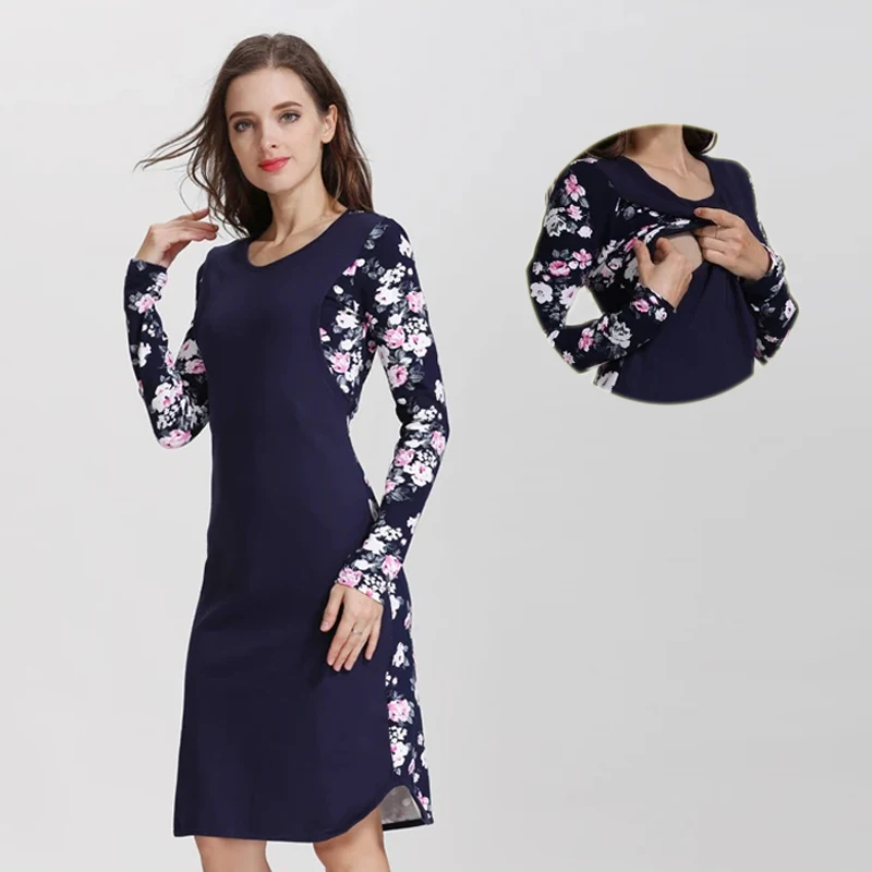 Autumn Winter Maternity Dress Long Sleeve Stretch Cotton Breastfeeding Dress Fashion Floral Sleeve Postpartum Nursing Dresses