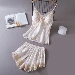 Summer New Suspender Pajamas Set Women Sleepwear Lingerie Sexy Print Lace Satin Nightwear Strap Top&shorts Pyjamas Sleep Suit