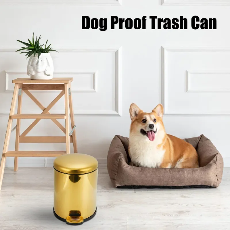 5L Stainless Steel Trash Can with Lid Curved Bread Cover Foot Pedal Flip Toilet Titanium Gold Finish