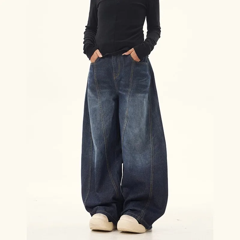 Vintage Designer Sickle Jeans for Women Spring Autumn Versatile Relaxed Floor-Length Wide-Leg Pants