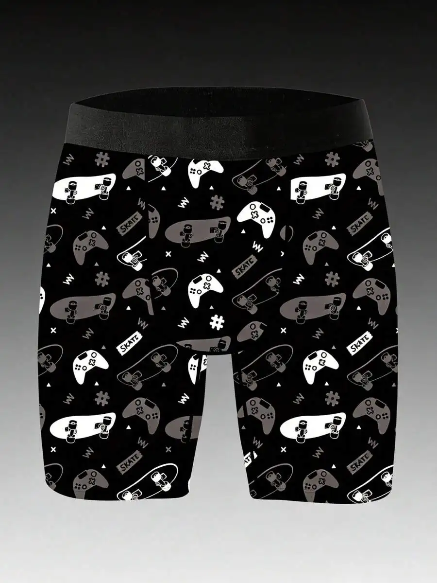 

Mens Novelty Boxer Shorts With Game Controller And Skateboard Print Knitted Fabric
