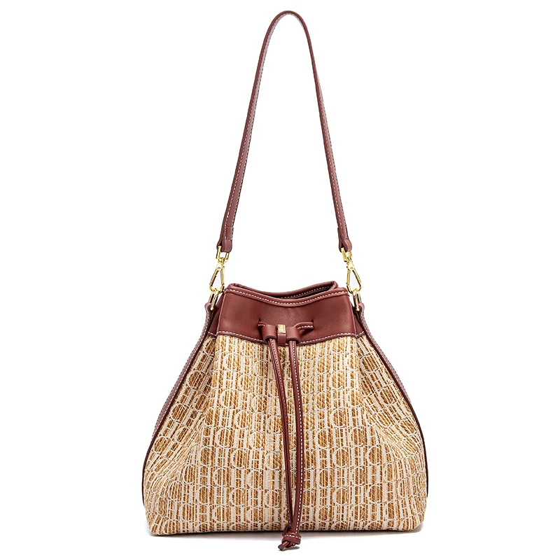 

CHCH Women's Shoulder Bag Autumn New Knitted Texture Handbag Simple Brown Casual Drawstring Bag
