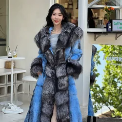 2023Women Real Rex Rabbit Fur Coats With Fox Lapel Collar Natural Whole Skin Genuine Fur Long Jackets Overcoat Winter