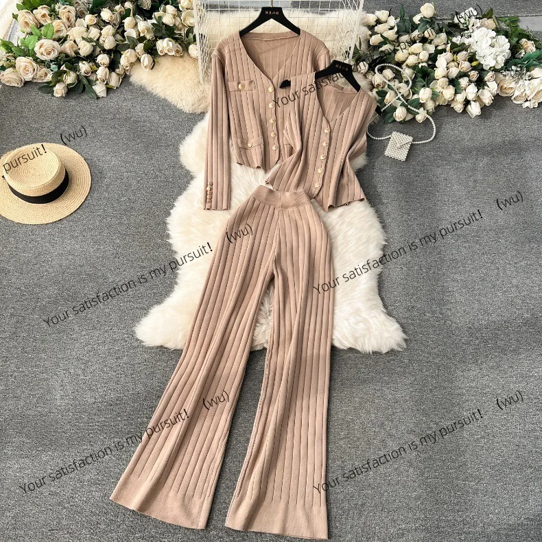 

ZOCI-Women's Metal Buckle Vest Versatile Knitted Cardigan Wide Leg Pants Fashion Three-piece Set