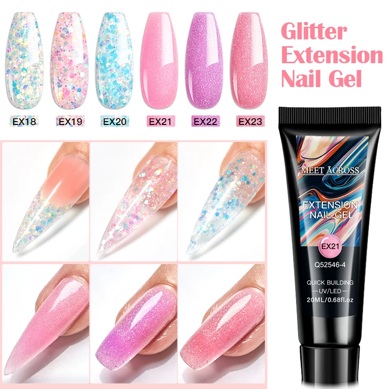 MEET ACROSS 20ml Glitter Sequins Gel For Extension Builder Gel Semis Permanent UV Gel For Manicure Nail Art Construction Gel