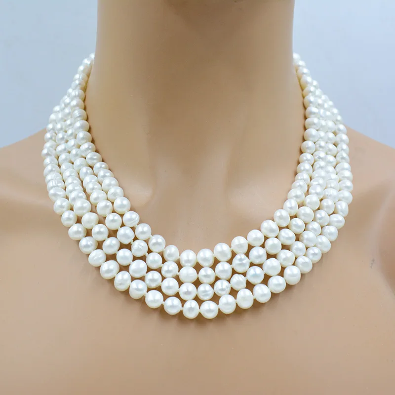 4 rows of 7MM natural white cultured freshwater near round pearl necklace. Female Wedding Accessories