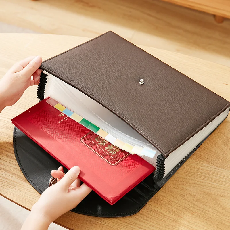 A4 Leather Briefcase Organ Bag File Clip Folder Receipt Data Storage Folder Conference File Bag 13 Layer Document Organize Bag