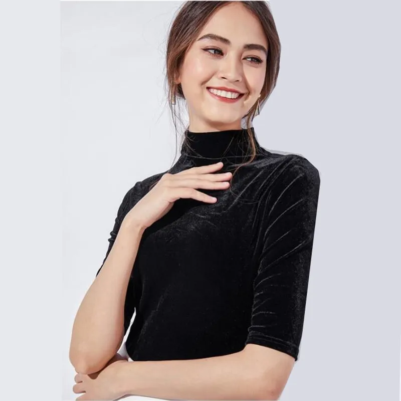 الربيع والخريف الكورية نمط المرأة أزياء الياقة المدورة القطيفة تي شيرت نصف كم المخملية قميص زائد حجم قمم #2
