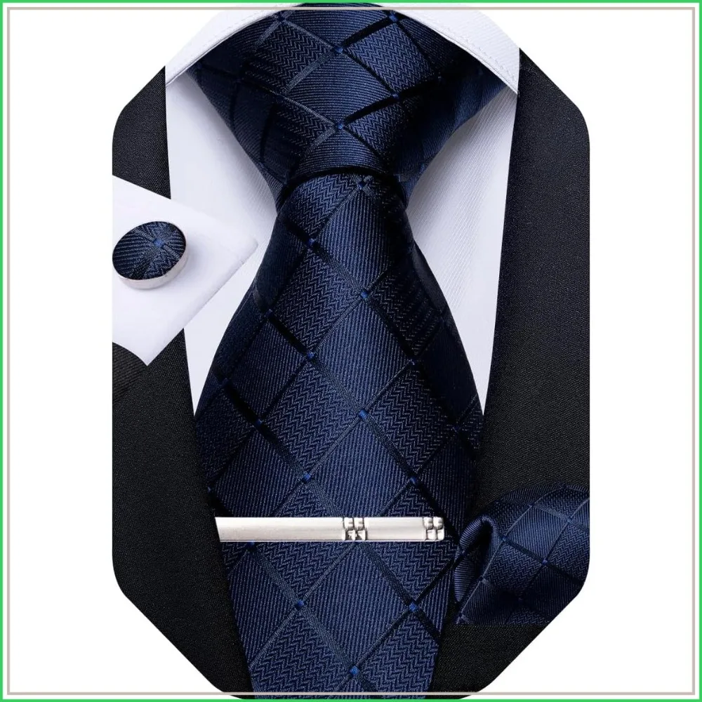 

Silk Checkered Necktie and Pocket Square Set with Cufflinks and Tie Clip for Wedding Business
