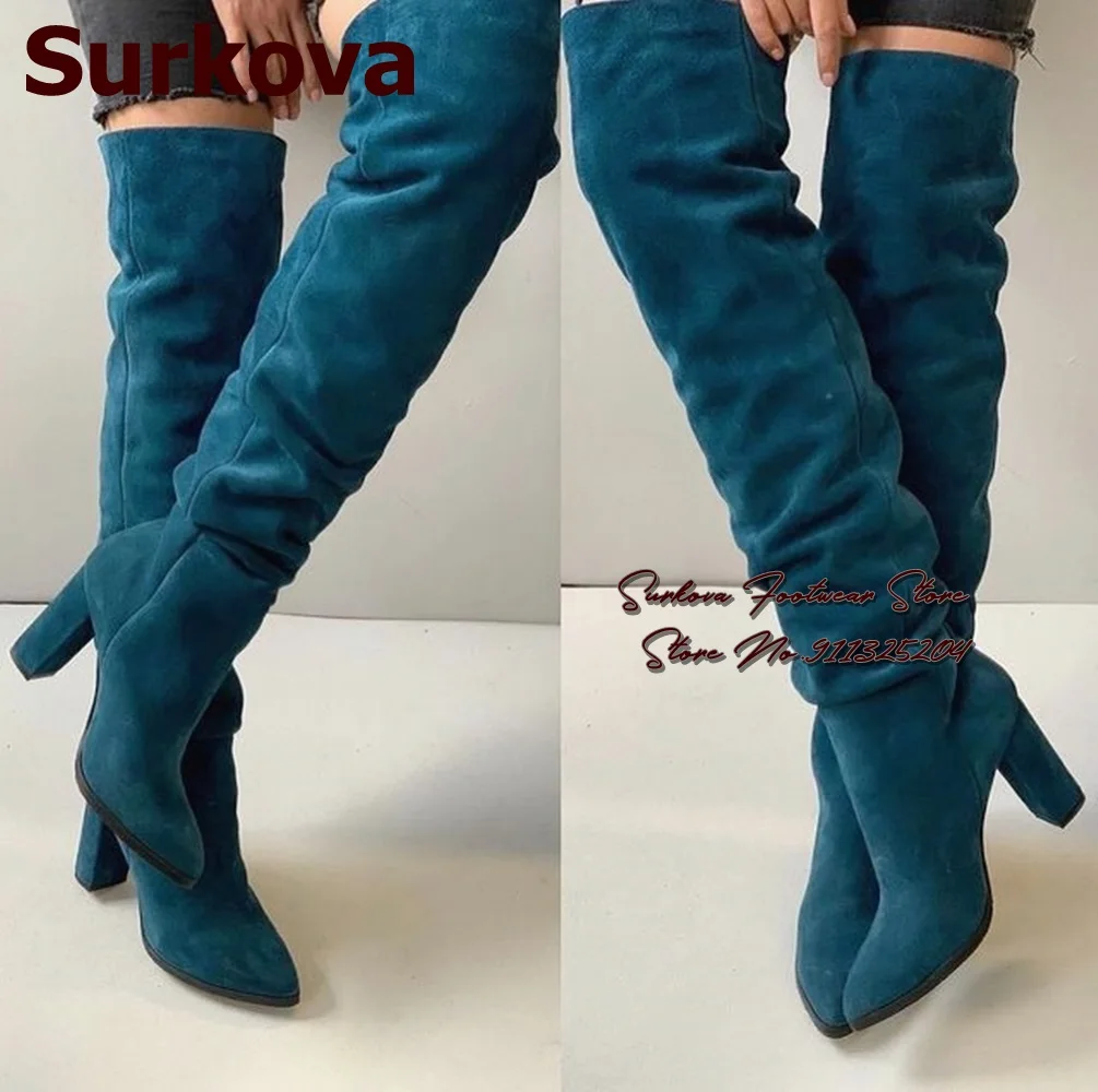 

Surkova Dark Turquoise Blue Suede Chunky Heel Long Boots Women Over-the-knee Slouch Dress Shoes Folded Thigh High Boots Size46