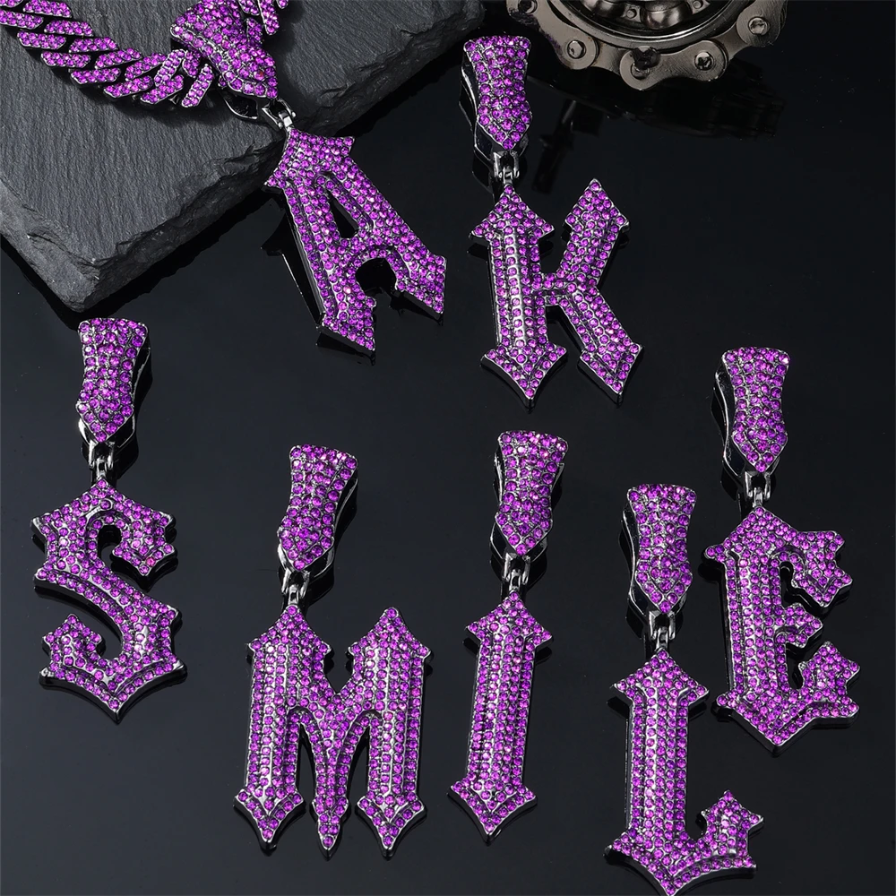 Hip Hop Full 12MM Purple Iced Out Letters Necklaces Iced Out Cross Sword Letters Necklace & Pendant For Men Women Jewelry